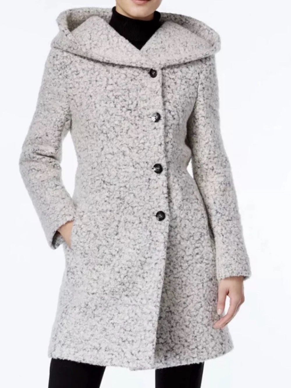 Cole Haan Wool-Blend Hooded Bouclé Coat in Light Gray